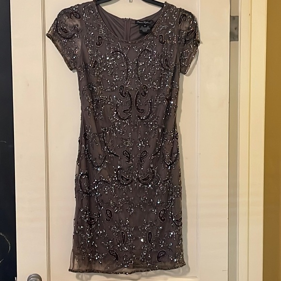 Pisarro Nights Dresses & Skirts - Short sleeve cocktail dress. Gorgeous beading. Size 8. Light mocha color.